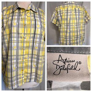 Adrian Delafield blouse L/XL Yellow gray plaid flowers short sleeve pocket colla